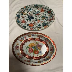 (2) DAHER Decorated Ware Oval 12.5" x 9.5” Metal Trays Floral England Scalloped